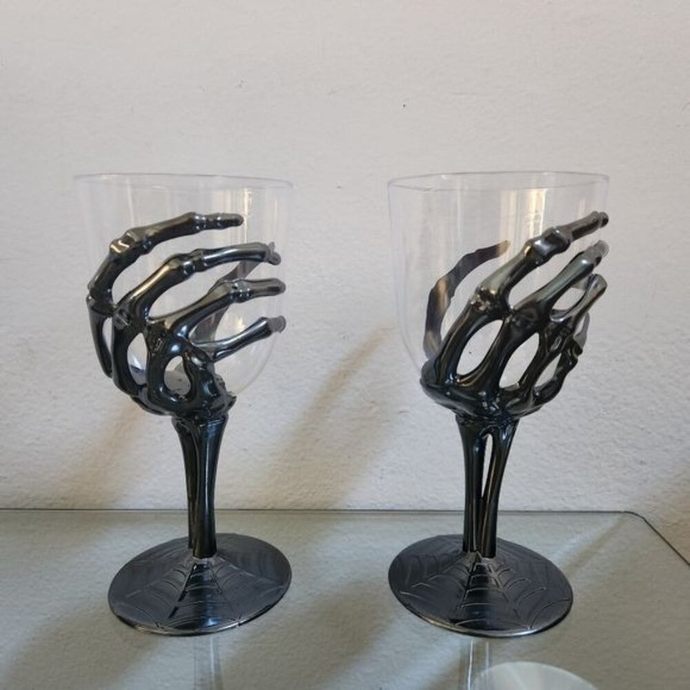 HALLOWEEN SKELETON HAND Acrylic Wine Glass Set of 2
